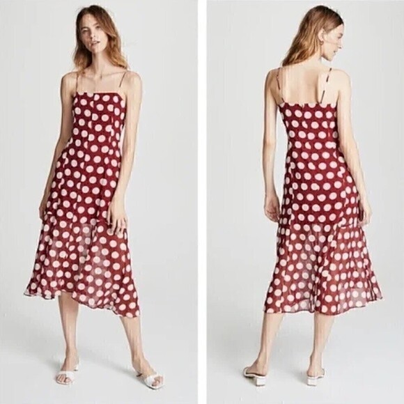NWT C/MEO COLLECTIVE Unending Spaghetti Strap Midi Dress Red Polka Dot - Picture 1 of 6